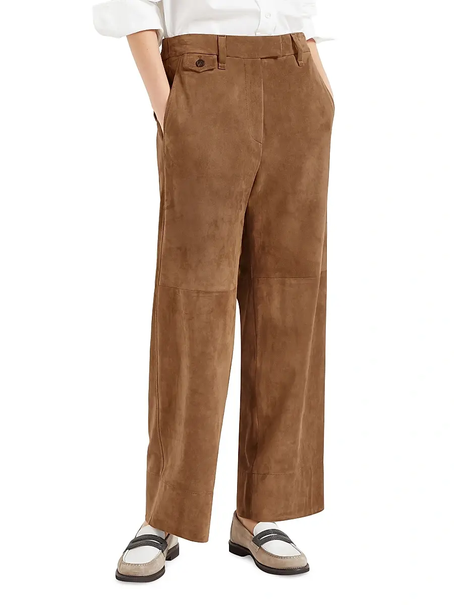Brunello Cucinelli Women's Suede Cropped Chino Trousers - Brown | Thumbnail 2