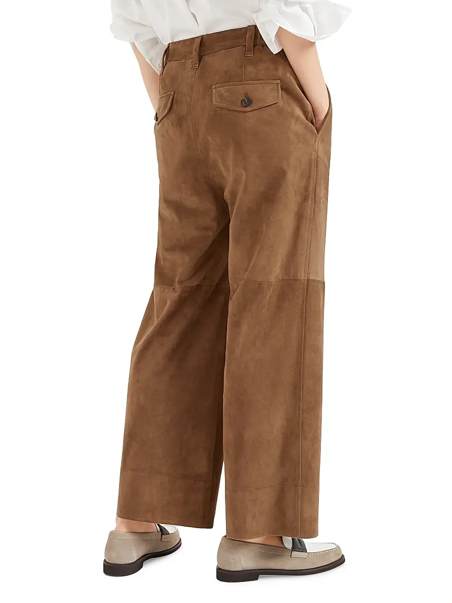 Brunello Cucinelli Women's Suede Cropped Chino Trousers - Brown | Thumbnail 3