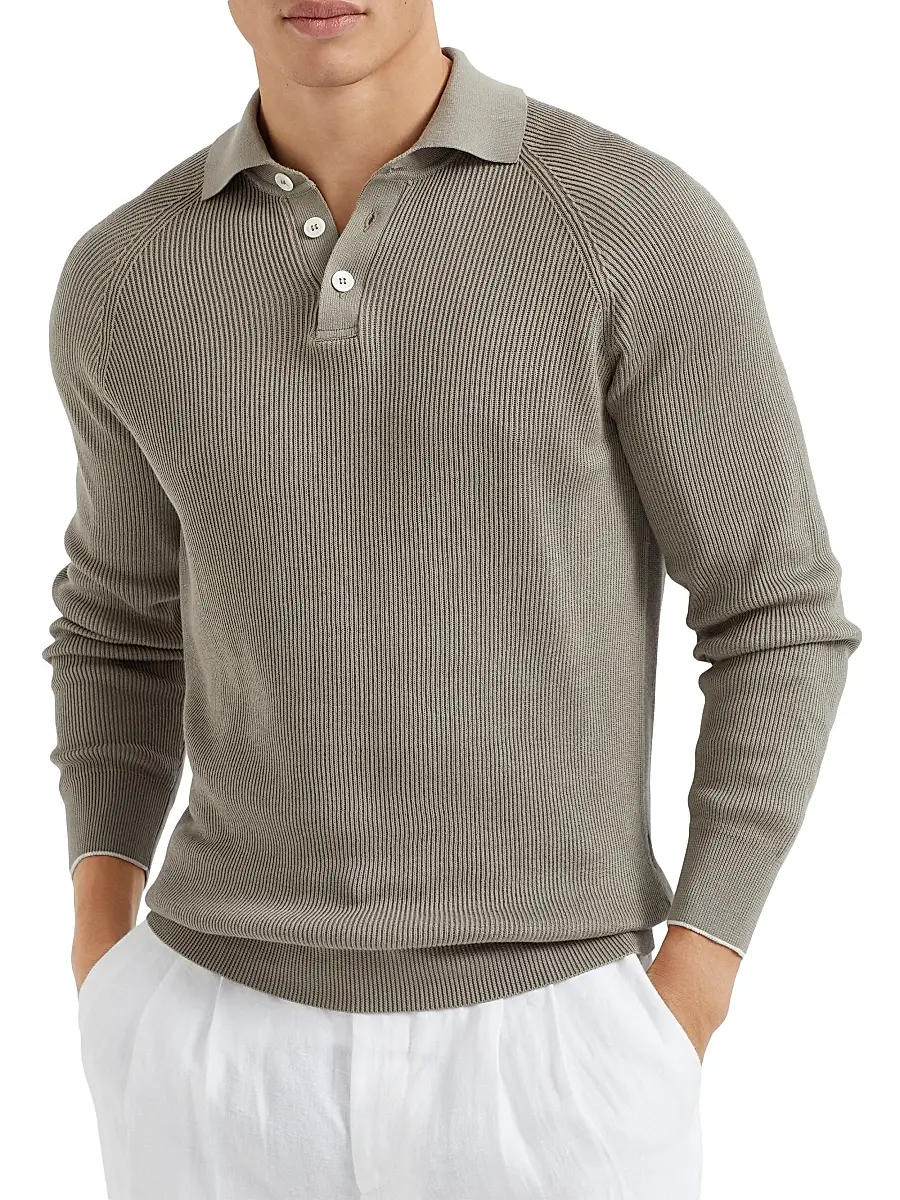 Brunello Cucinelli Men's Cotton English Rib Knit Polo Shirt with Long Raglan Sleeves - Khaki | Thumbnail 2 Brunello Cucinelli Men's Cotton English Rib Knit Polo Shirt with Long Raglan Sleeves - Khaki | Thumbnail 2