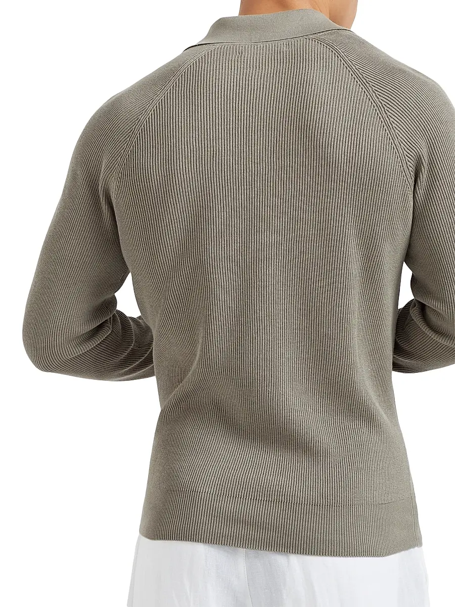 Brunello Cucinelli Men's Cotton English Rib Knit Polo Shirt with Long Raglan Sleeves - Khaki | Thumbnail 3 Brunello Cucinelli Men's Cotton English Rib Knit Polo Shirt with Long Raglan Sleeves - Khaki | Thumbnail 3