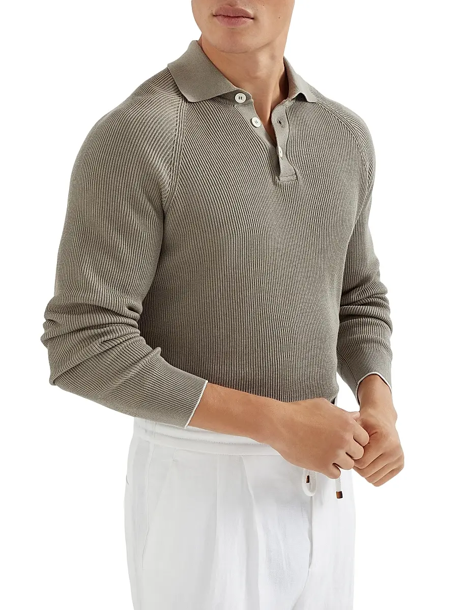 Brunello Cucinelli Men's Cotton English Rib Knit Polo Shirt with Long Raglan Sleeves - Khaki | Thumbnail 5 Brunello Cucinelli Men's Cotton English Rib Knit Polo Shirt with Long Raglan Sleeves - Khaki | Thumbnail 5