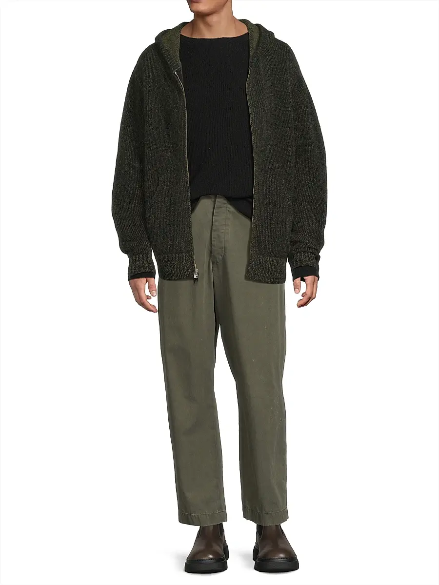 The Elder Statesman Men's Rib-Knit Cashmere Zip Hoodie - Black New Olive | Thumbnail 2 The Elder Statesman Men's Rib-Knit Cashmere Zip Hoodie - Black New Olive | Thumbnail 2