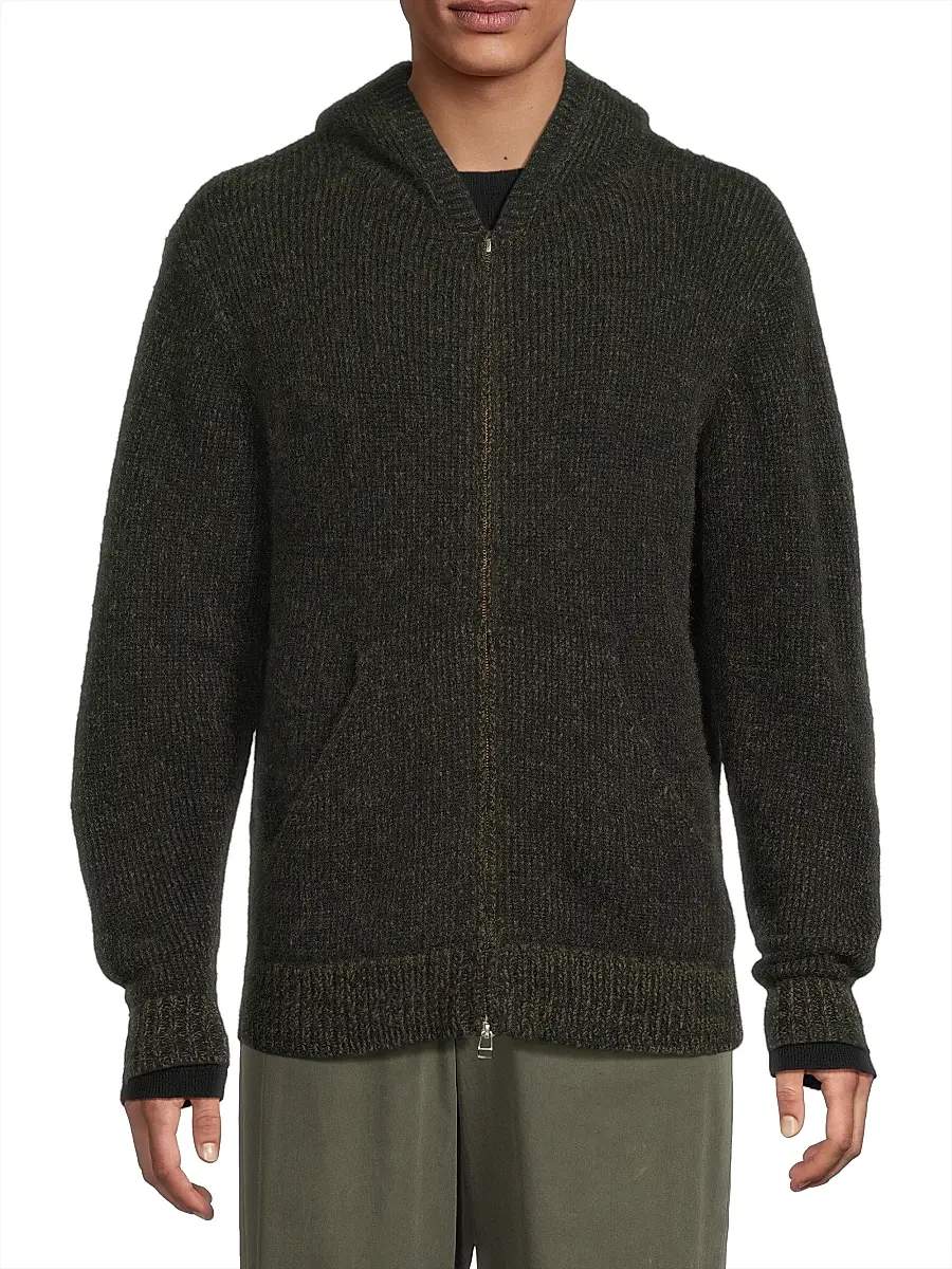 The Elder Statesman Men's Rib-Knit Cashmere Zip Hoodie - Black New Olive | Thumbnail 3 The Elder Statesman Men's Rib-Knit Cashmere Zip Hoodie - Black New Olive | Thumbnail 3