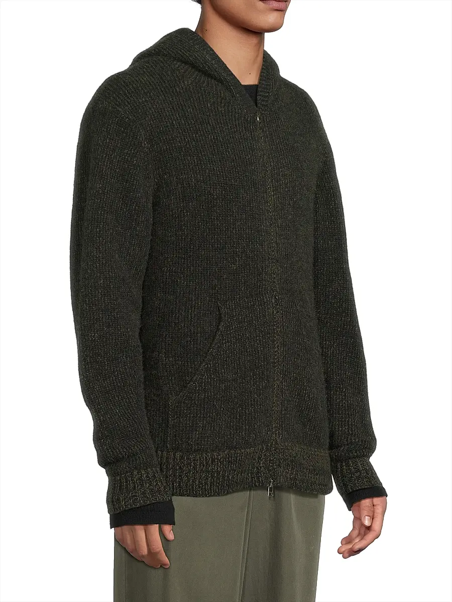 The Elder Statesman Men's Rib-Knit Cashmere Zip Hoodie - Black New Olive | Thumbnail 4 The Elder Statesman Men's Rib-Knit Cashmere Zip Hoodie - Black New Olive | Thumbnail 4