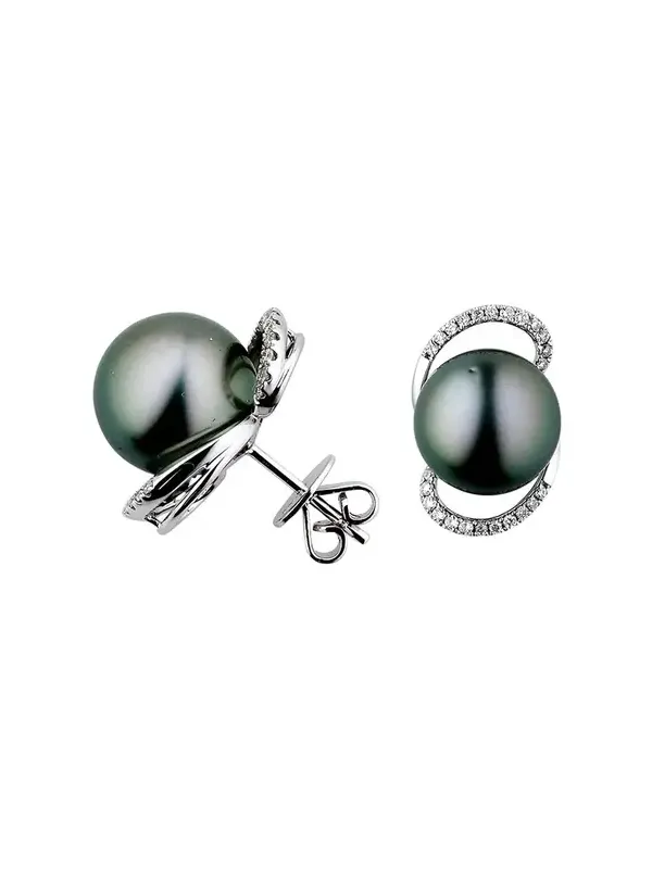Wish Fine Jewelry 11.5mm Tahitian Cultured Pearl 0.30ct Diamond 18K Gold Swirl Earrings