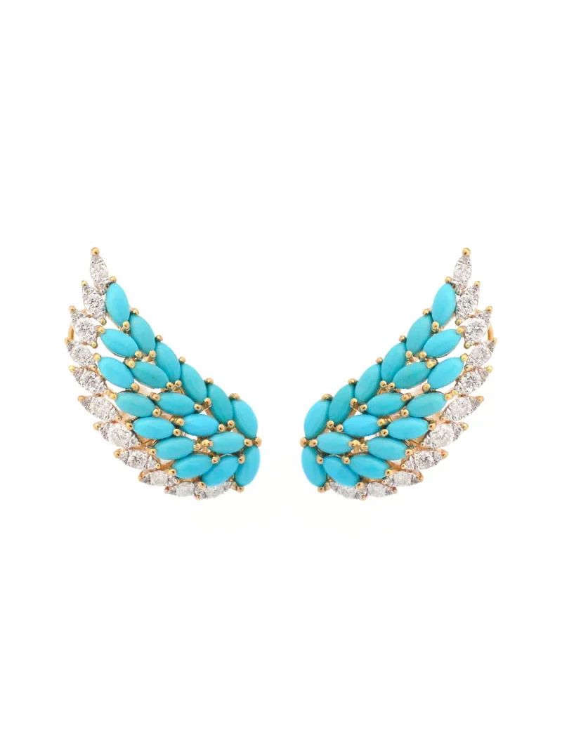 3.60ct Diamond Turquoise 18K Gold Wing Climber Earrings 3.60ct Diamond Turquoise 18K Gold Wing Climber Earrings