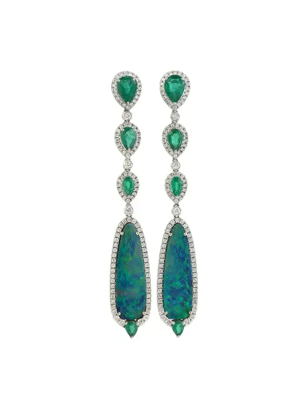 9.47ct Opal Emerald Diamond 18K Gold Dangle Drop Earrings