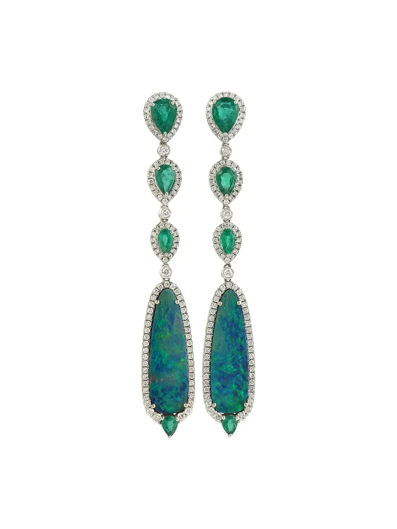9.47ct Opal Emerald Diamond 18K Gold Dangle Drop Earrings 9.47ct Opal Emerald Diamond 18K Gold Dangle Drop Earrings