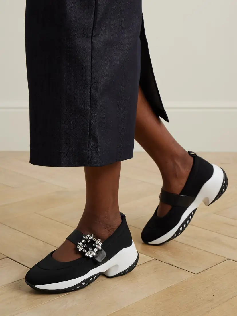 Roger Vivier Viv Run Crystal-embellished Stretch And Leather Sneakers - Black | Thumbnail 2 Roger Vivier Viv Run Crystal-embellished Stretch And Leather Sneakers - Black | Thumbnail 2