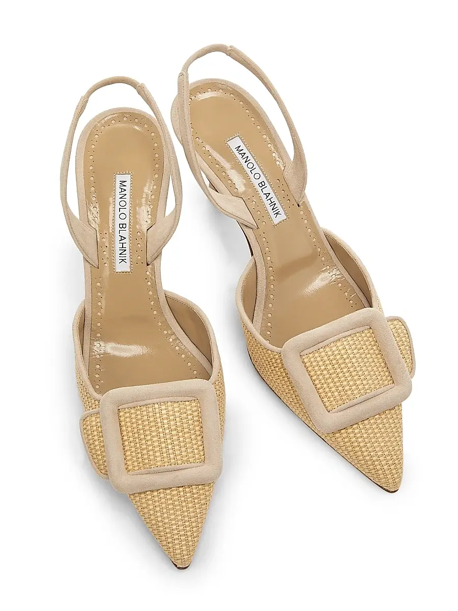 Manolo Blahnik Women's Mayslibi 70MM Raffia & Leather Slingback Pumps - Dark Cream - Size 7.5 | Thumbnail 3 Manolo Blahnik Women's Mayslibi 70MM Raffia & Leather Slingback Pumps - Dark Cream - Size 7.5 | Thumbnail 3