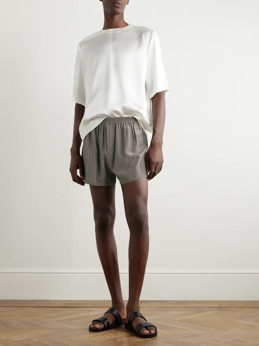 Saint Laurent Straight-Leg Logo-Print Pinstriped Silk Shorts - Men | Thumbnail 2
