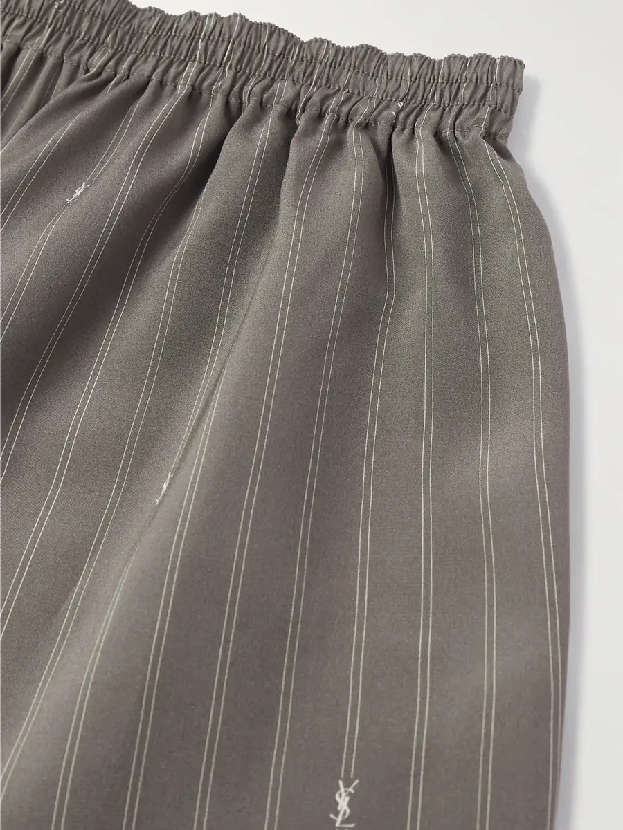 Saint Laurent Straight-Leg Logo-Print Pinstriped Silk Shorts - Men | Thumbnail 4