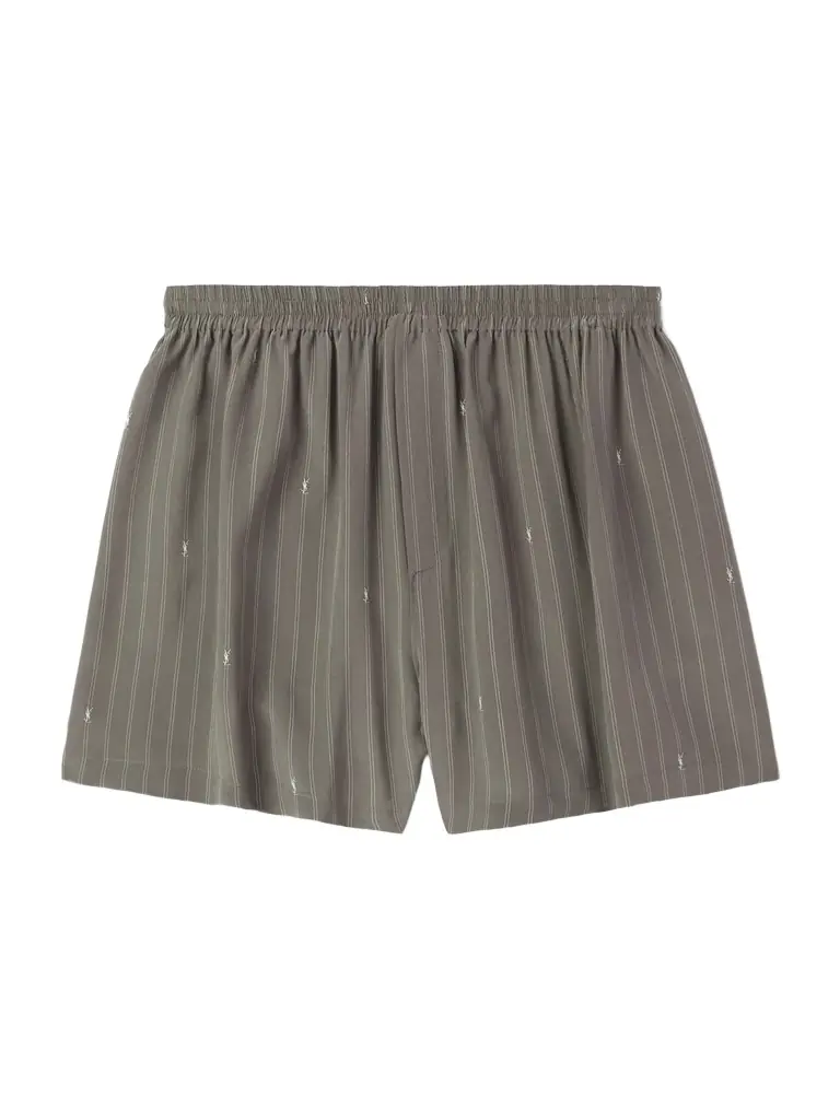 Straight-Leg Logo-Print Pinstriped Silk Shorts - Men Straight-Leg Logo-Print Pinstriped Silk Shorts - Men