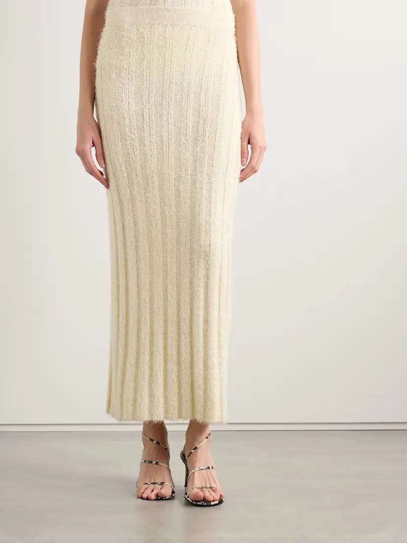 Khaite Claire Ribbed Brushed Silk And Cashmere-blend Midi Skirt | Thumbnail 3 Khaite Claire Ribbed Brushed Silk And Cashmere-blend Midi Skirt | Thumbnail 3