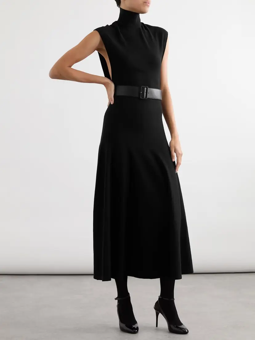 ALAÏA Belted Leather-trimmed Wool-blend Turtleneck Midi Dress | Thumbnail 2