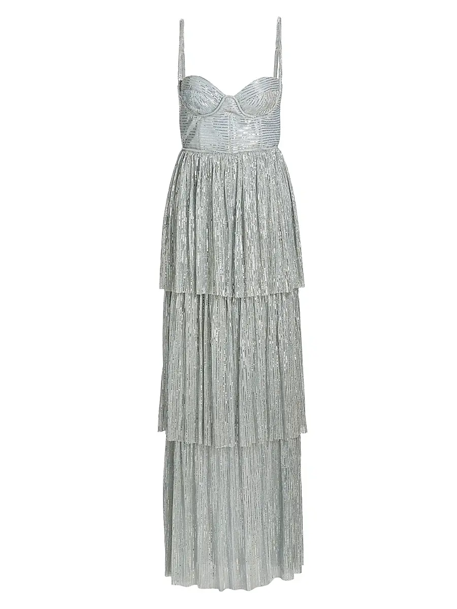 Sabina Musáyev Women's Altair Sequined Tiered Dress - Sky Silver | Image 1 Sabina Musáyev Women's Altair Sequined Tiered Dress - Sky Silver | Image 1