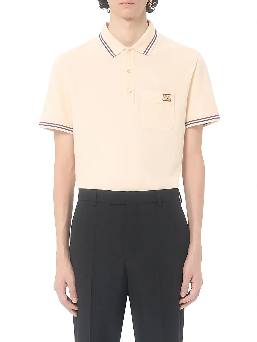 Valentino Men's Cotton Piqué Polo Shirt with VLogo Patch - Butter | Thumbnail 2