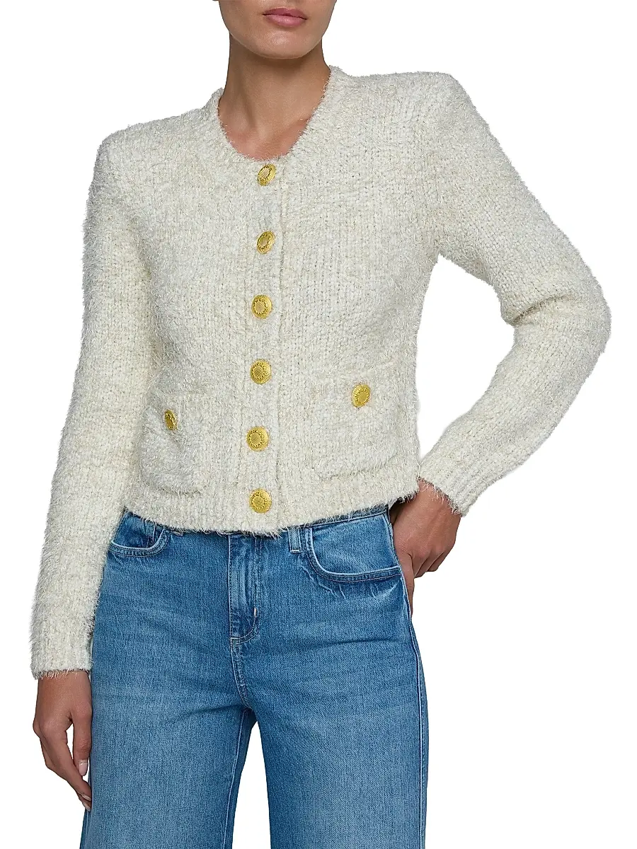 L'AGENCE Women's Una Tweed Knit Cardigan - Ivory Gold Lurex Multi | Thumbnail 3