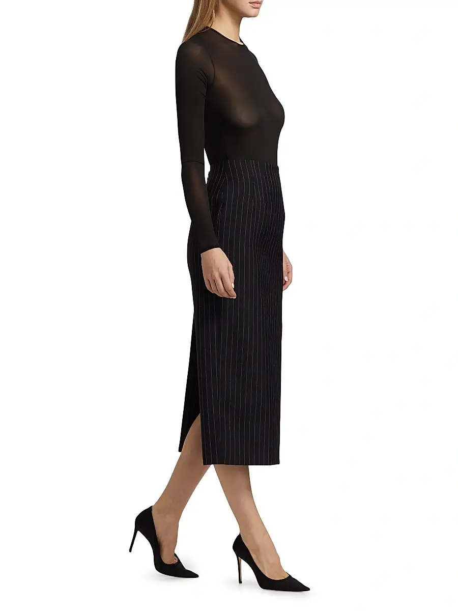 WARDROBE.NYC Women's Contour Wool Midi-Skirt - Black Pin Stripe | Thumbnail 2
