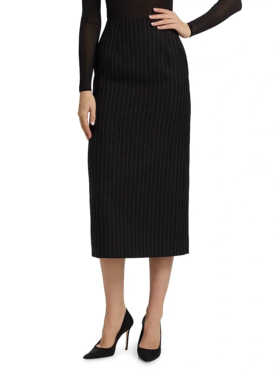 WARDROBE.NYC Women's Contour Wool Midi-Skirt - Black Pin Stripe | Thumbnail 3
