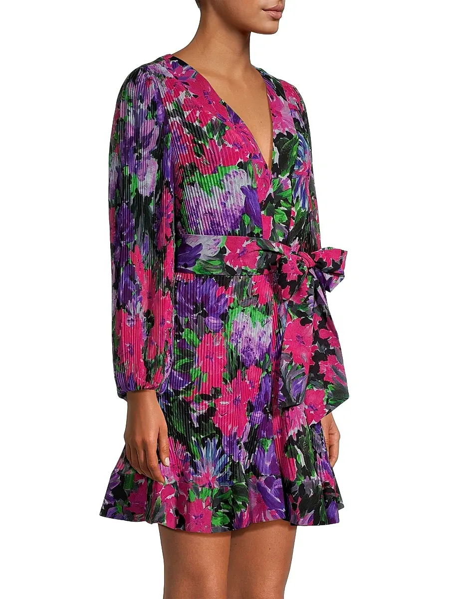 Milly Women's Liv Belted Floral Pleated Minidress - Purple Multi | Thumbnail 4 Milly Women's Liv Belted Floral Pleated Minidress - Purple Multi | Thumbnail 4