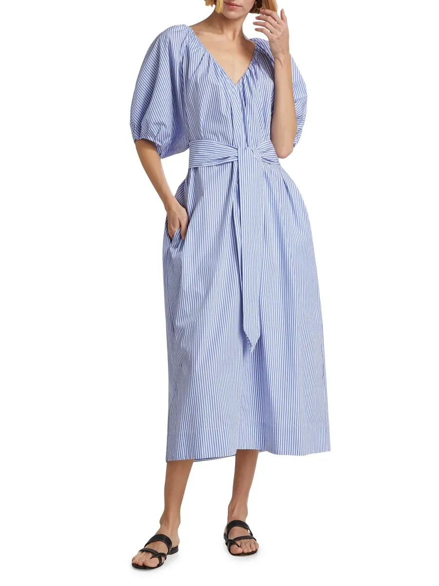 Mara Hoffman Women's Alora Cotton Puff-Sleeve Midi-Dress - Blue White | Thumbnail 2