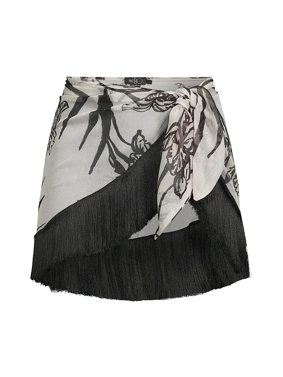 PatBO Women's Iris Floral Chiffon Fringed Mini Sarong - Off White | Thumbnail 1 PatBO Women's Iris Floral Chiffon Fringed Mini Sarong - Off White | Thumbnail 1