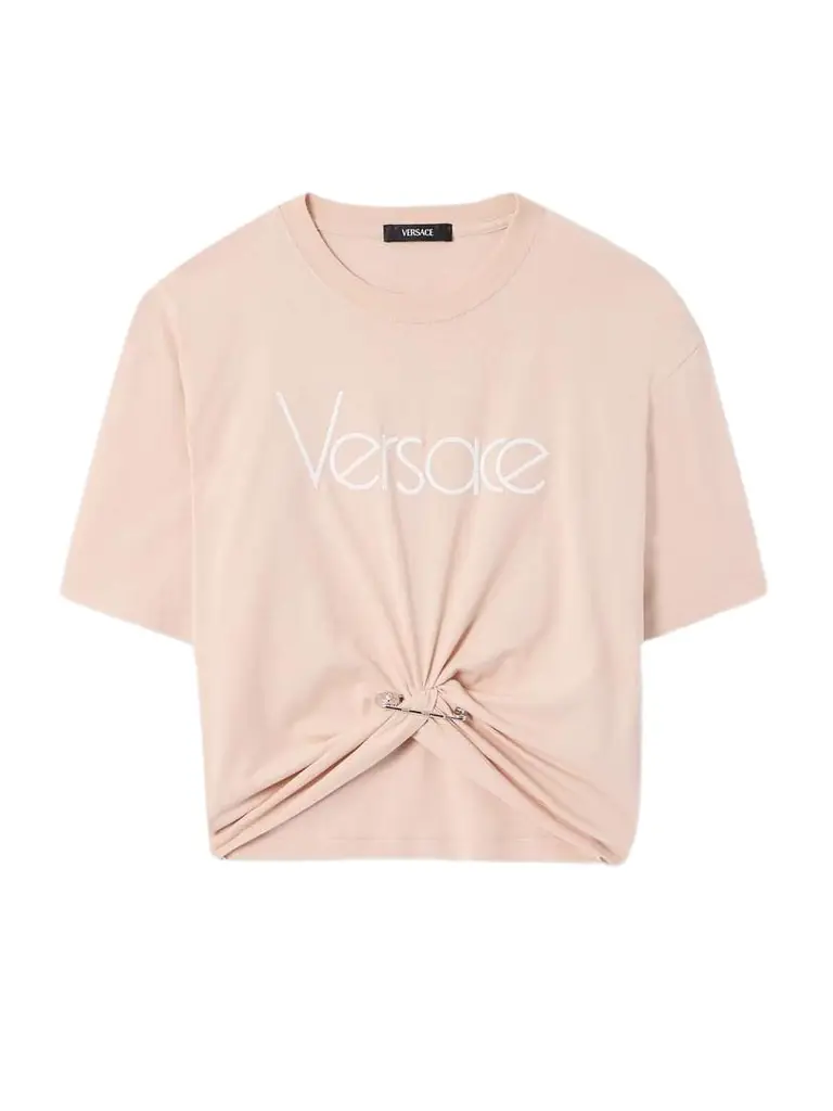 Versace Cropped Embellished Cotton-jersey T-shirt | Thumbnail 1 Versace Cropped Embellished Cotton-jersey T-shirt | Thumbnail 1