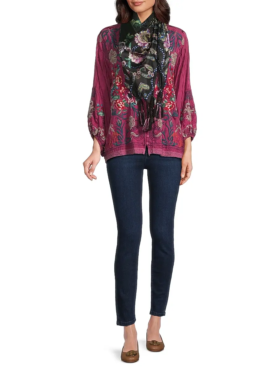 Johnny Was Women's Floral Silk Scarf - Camino Serra | Thumbnail 2 Johnny Was Women's Floral Silk Scarf - Camino Serra | Thumbnail 2