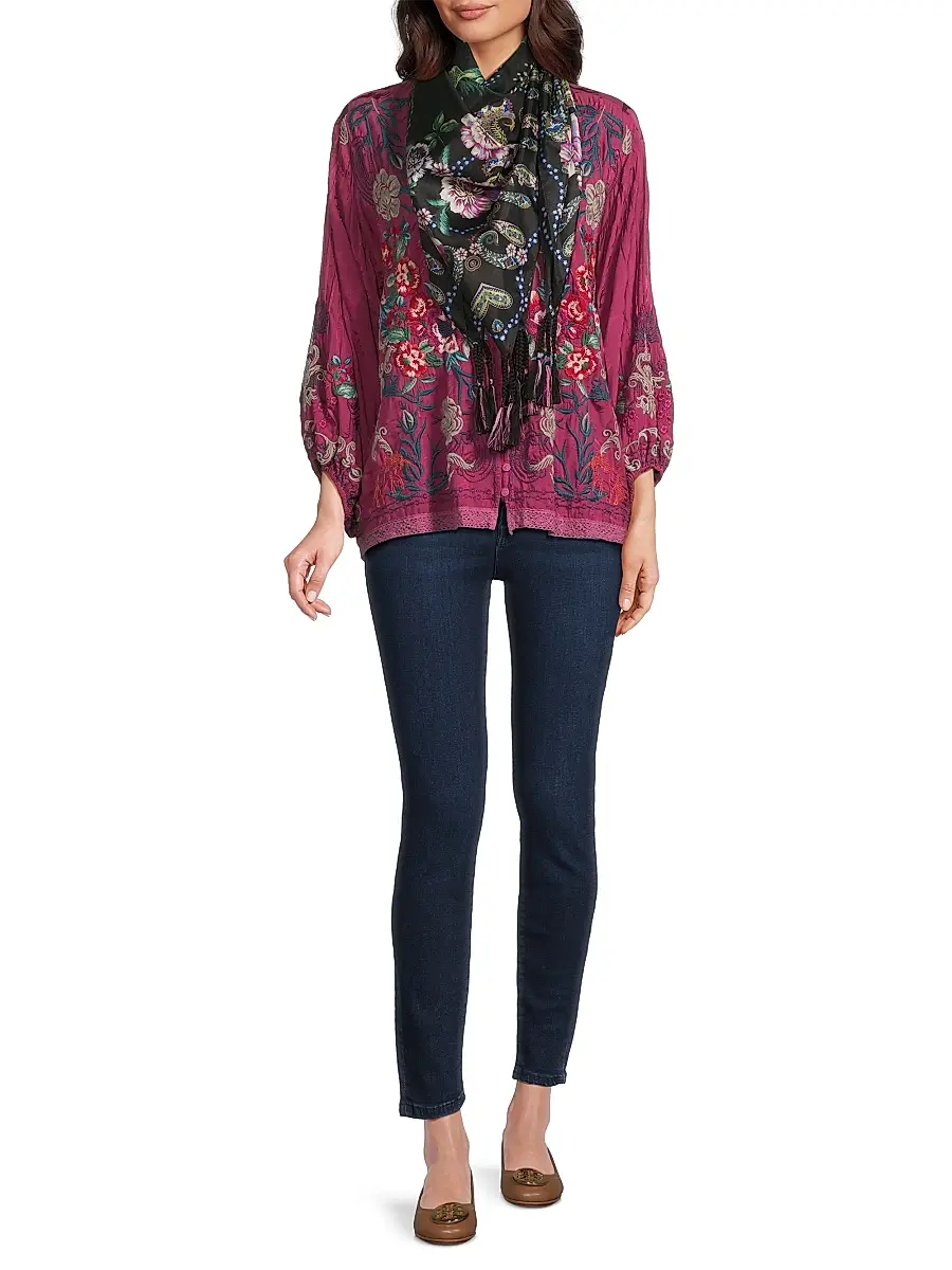 Johnny Was Women's Floral Silk Scarf - Camino Serra | Thumbnail 3 Johnny Was Women's Floral Silk Scarf - Camino Serra | Thumbnail 3