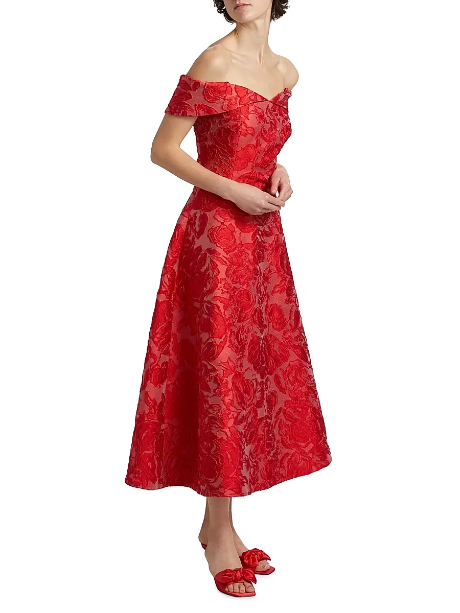 Teri Jon by Rickie Freeman Women's Floral Jacquard Off-The-Shoulder Cocktail Dress - Red | Thumbnail 2 Teri Jon by Rickie Freeman Women's Floral Jacquard Off-The-Shoulder Cocktail Dress - Red | Thumbnail 2