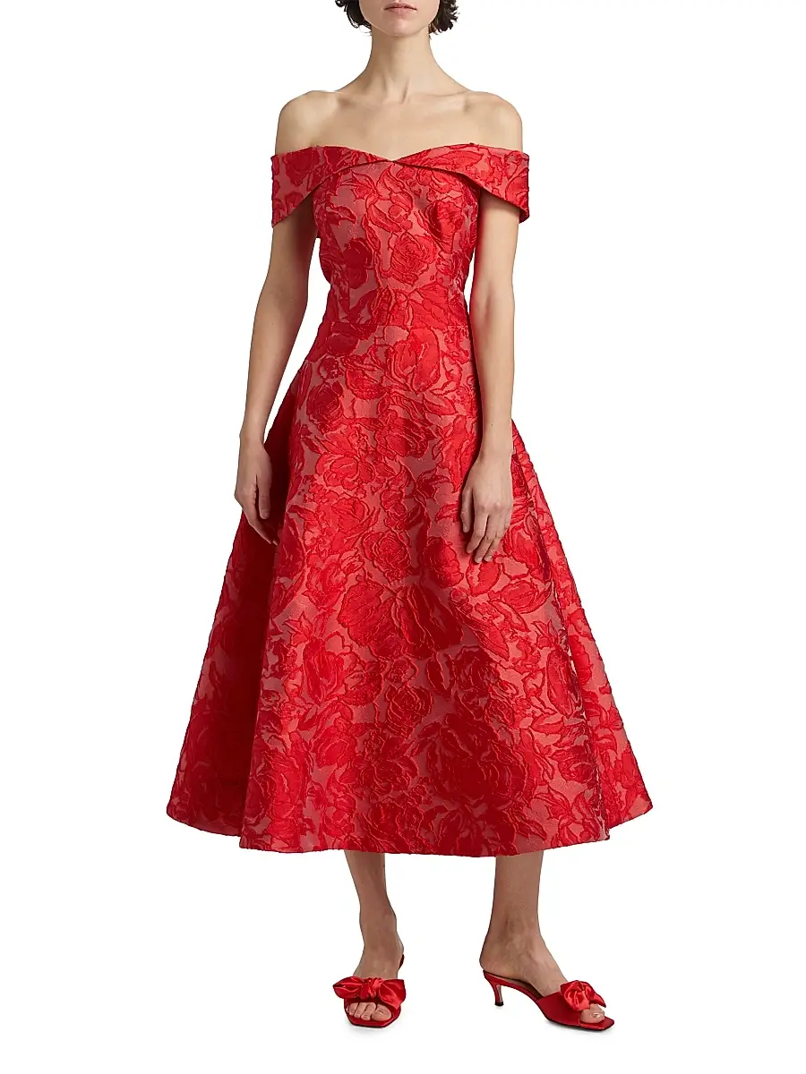 Teri Jon by Rickie Freeman Women's Floral Jacquard Off-The-Shoulder Cocktail Dress - Red | Thumbnail 3 Teri Jon by Rickie Freeman Women's Floral Jacquard Off-The-Shoulder Cocktail Dress - Red | Thumbnail 3