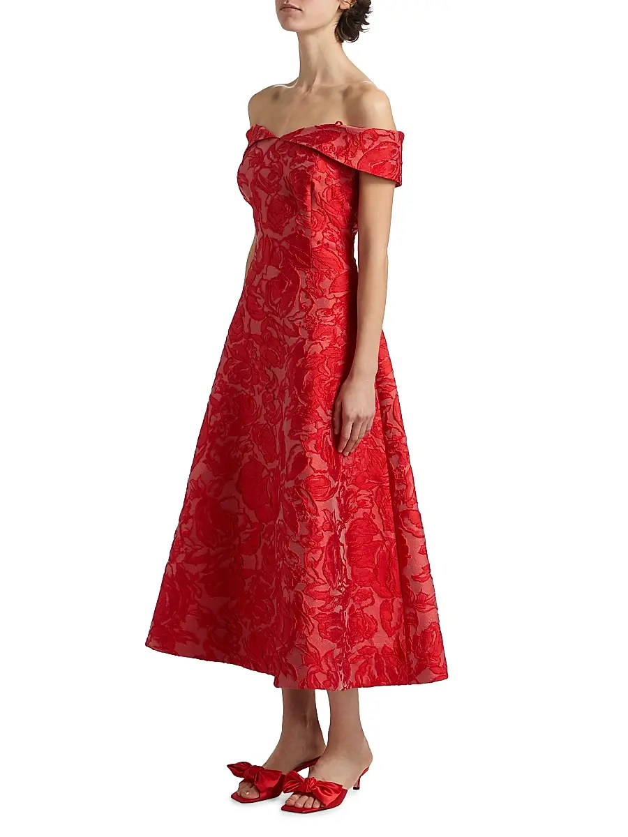 Teri Jon by Rickie Freeman Women's Floral Jacquard Off-The-Shoulder Cocktail Dress - Red | Thumbnail 4 Teri Jon by Rickie Freeman Women's Floral Jacquard Off-The-Shoulder Cocktail Dress - Red | Thumbnail 4