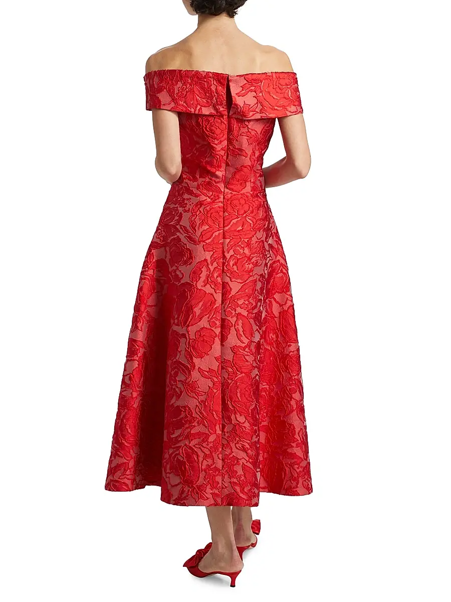 Teri Jon by Rickie Freeman Women's Floral Jacquard Off-The-Shoulder Cocktail Dress - Red | Thumbnail 5 Teri Jon by Rickie Freeman Women's Floral Jacquard Off-The-Shoulder Cocktail Dress - Red | Thumbnail 5