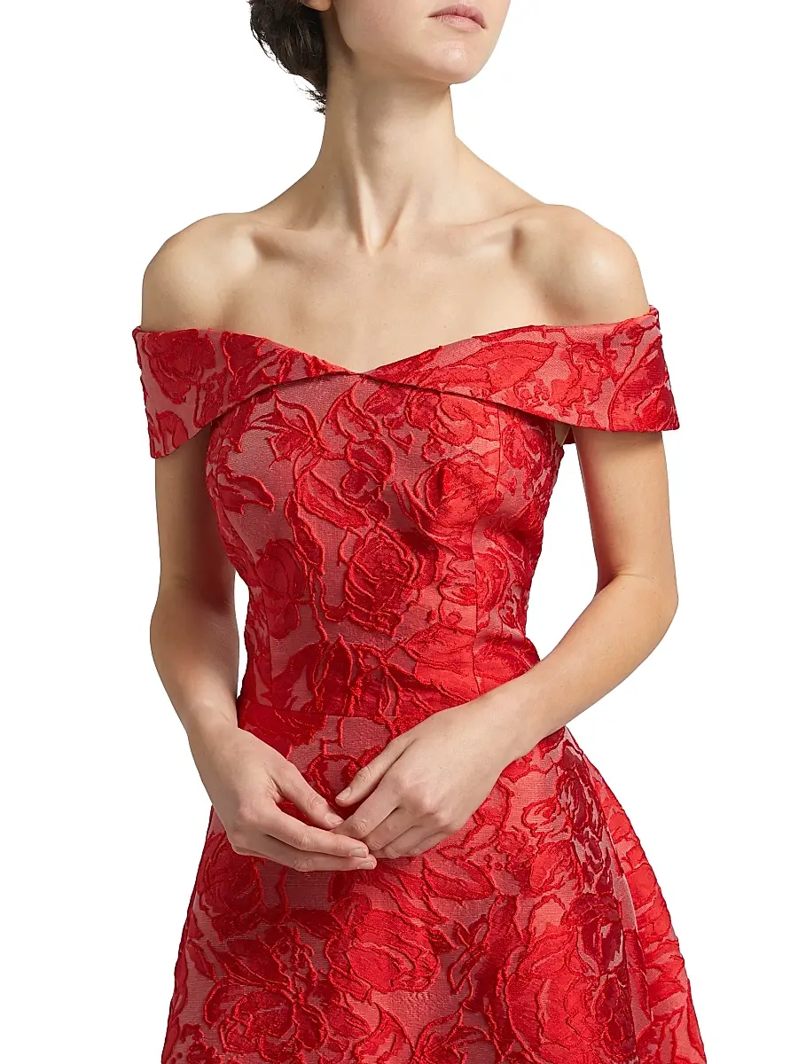 Teri Jon by Rickie Freeman Women's Floral Jacquard Off-The-Shoulder Cocktail Dress - Red | Thumbnail 6 Teri Jon by Rickie Freeman Women's Floral Jacquard Off-The-Shoulder Cocktail Dress - Red | Thumbnail 6
