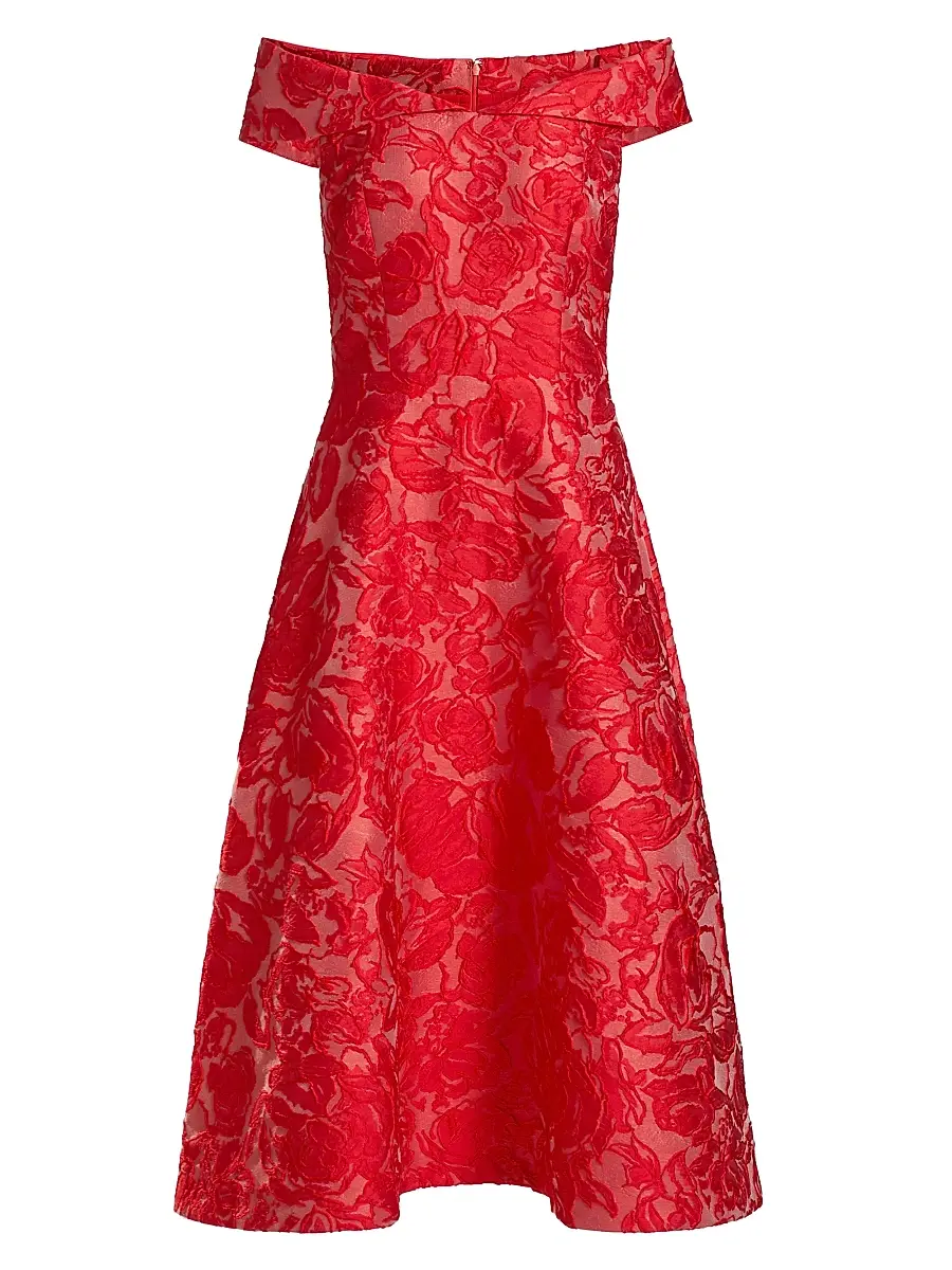 Teri Jon by Rickie Freeman Women's Floral Jacquard Off-The-Shoulder Cocktail Dress - Red | Thumbnail 1 Teri Jon by Rickie Freeman Women's Floral Jacquard Off-The-Shoulder Cocktail Dress - Red | Thumbnail 1