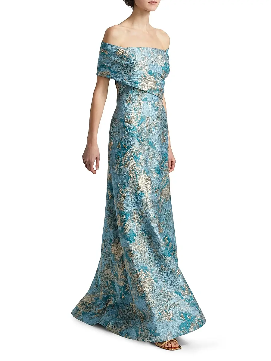 Teri Jon by Rickie Freeman Women's Metallic Jacquard Off-The-Shoulder Gown - Aqua Multi | Thumbnail 2 Teri Jon by Rickie Freeman Women's Metallic Jacquard Off-The-Shoulder Gown - Aqua Multi | Thumbnail 2