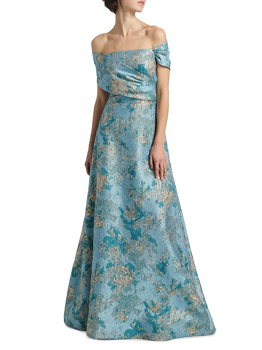 Teri Jon by Rickie Freeman Women's Metallic Jacquard Off-The-Shoulder Gown - Aqua Multi | Thumbnail 3 Teri Jon by Rickie Freeman Women's Metallic Jacquard Off-The-Shoulder Gown - Aqua Multi | Thumbnail 3