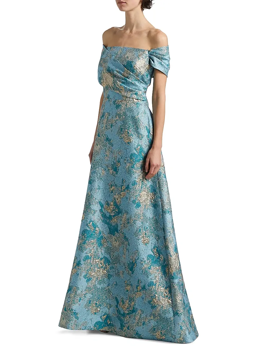 Teri Jon by Rickie Freeman Women's Metallic Jacquard Off-The-Shoulder Gown - Aqua Multi | Thumbnail 4 Teri Jon by Rickie Freeman Women's Metallic Jacquard Off-The-Shoulder Gown - Aqua Multi | Thumbnail 4