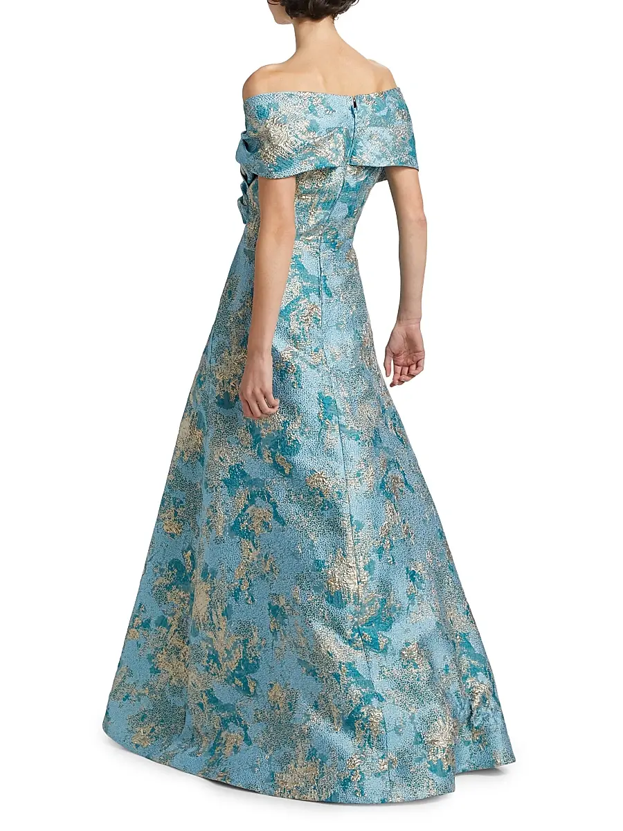 Teri Jon by Rickie Freeman Women's Metallic Jacquard Off-The-Shoulder Gown - Aqua Multi | Thumbnail 5 Teri Jon by Rickie Freeman Women's Metallic Jacquard Off-The-Shoulder Gown - Aqua Multi | Thumbnail 5