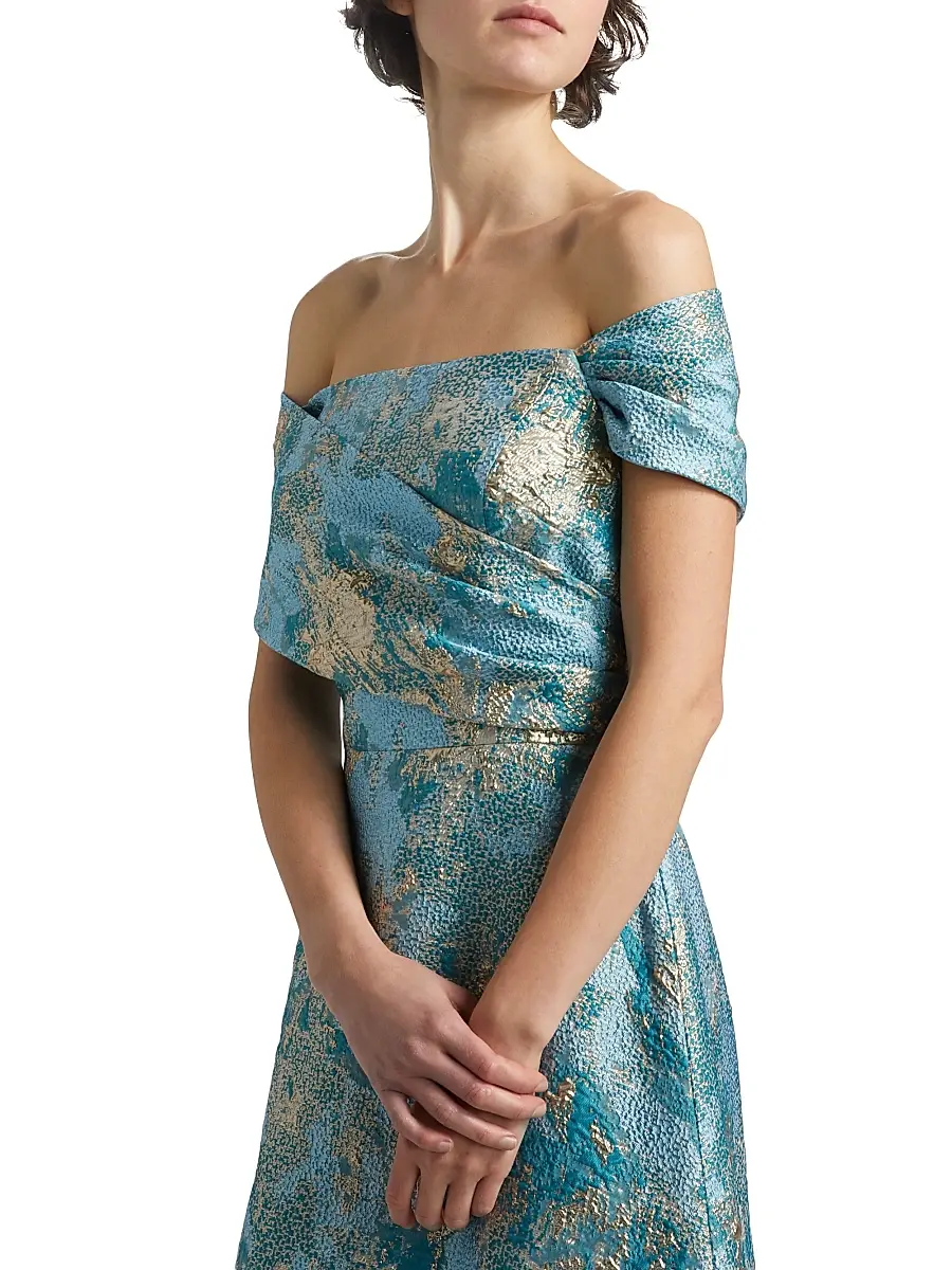 Teri Jon by Rickie Freeman Women's Metallic Jacquard Off-The-Shoulder Gown - Aqua Multi | Thumbnail 6 Teri Jon by Rickie Freeman Women's Metallic Jacquard Off-The-Shoulder Gown - Aqua Multi | Thumbnail 6