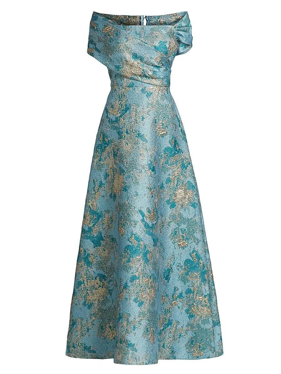 Teri Jon by Rickie Freeman Women's Metallic Jacquard Off-The-Shoulder Gown - Aqua Multi | Thumbnail 1 Teri Jon by Rickie Freeman Women's Metallic Jacquard Off-The-Shoulder Gown - Aqua Multi | Thumbnail 1
