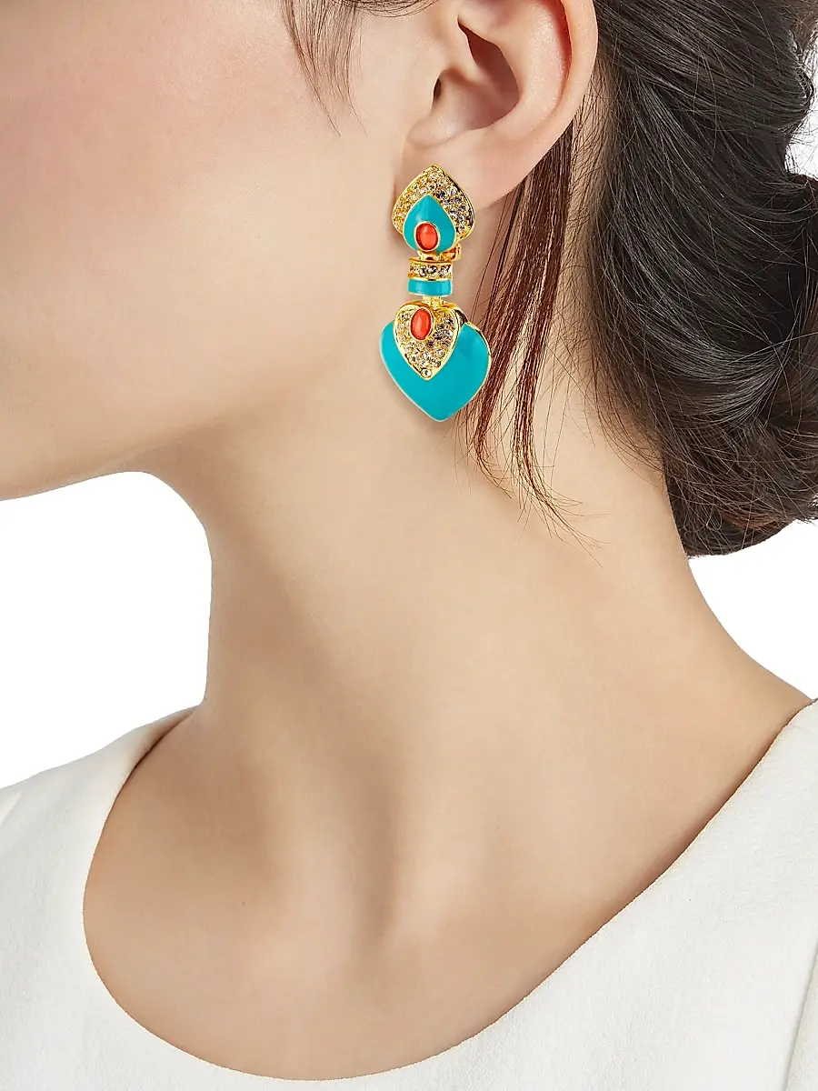 Kenneth Jay Lane Women's 22K-Gold-Plated Turquoise, Coral & Rhinestone Heart Clip-On Drop Earrings - Turquoise | Thumbnail 2 Kenneth Jay Lane Women's 22K-Gold-Plated Turquoise, Coral & Rhinestone Heart Clip-On Drop Earrings - Turquoise | Thumbnail 2