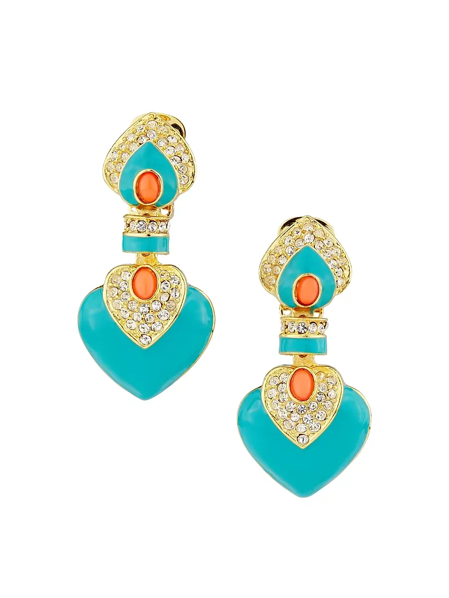 Kenneth Jay Lane Women's 22K-Gold-Plated Turquoise, Coral & Rhinestone Heart Clip-On Drop Earrings - Turquoise | Thumbnail 1 Kenneth Jay Lane Women's 22K-Gold-Plated Turquoise, Coral & Rhinestone Heart Clip-On Drop Earrings - Turquoise | Thumbnail 1