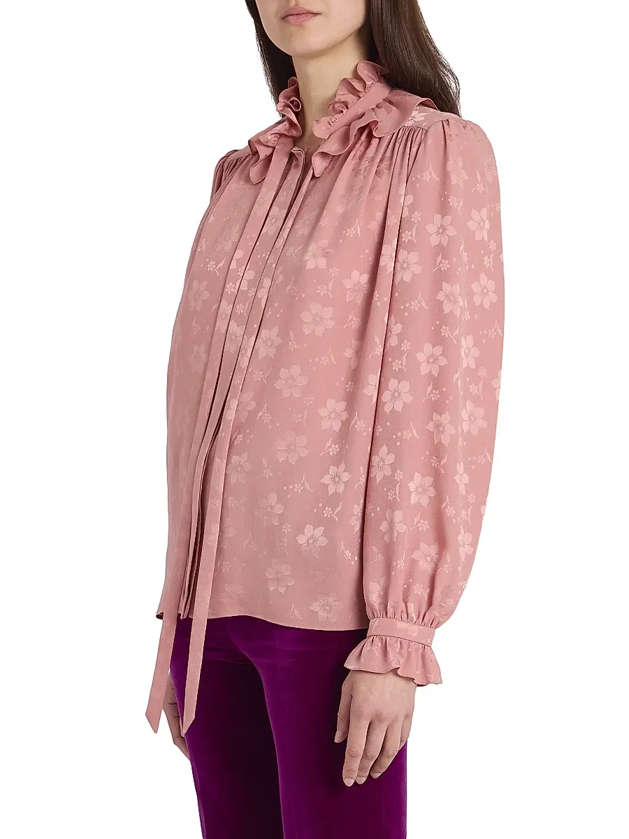 Chloé Women's Floral Silk Tie neck Blouse - Wild Pink | Thumbnail 4 Chloé Women's Floral Silk Tie neck Blouse - Wild Pink | Thumbnail 4