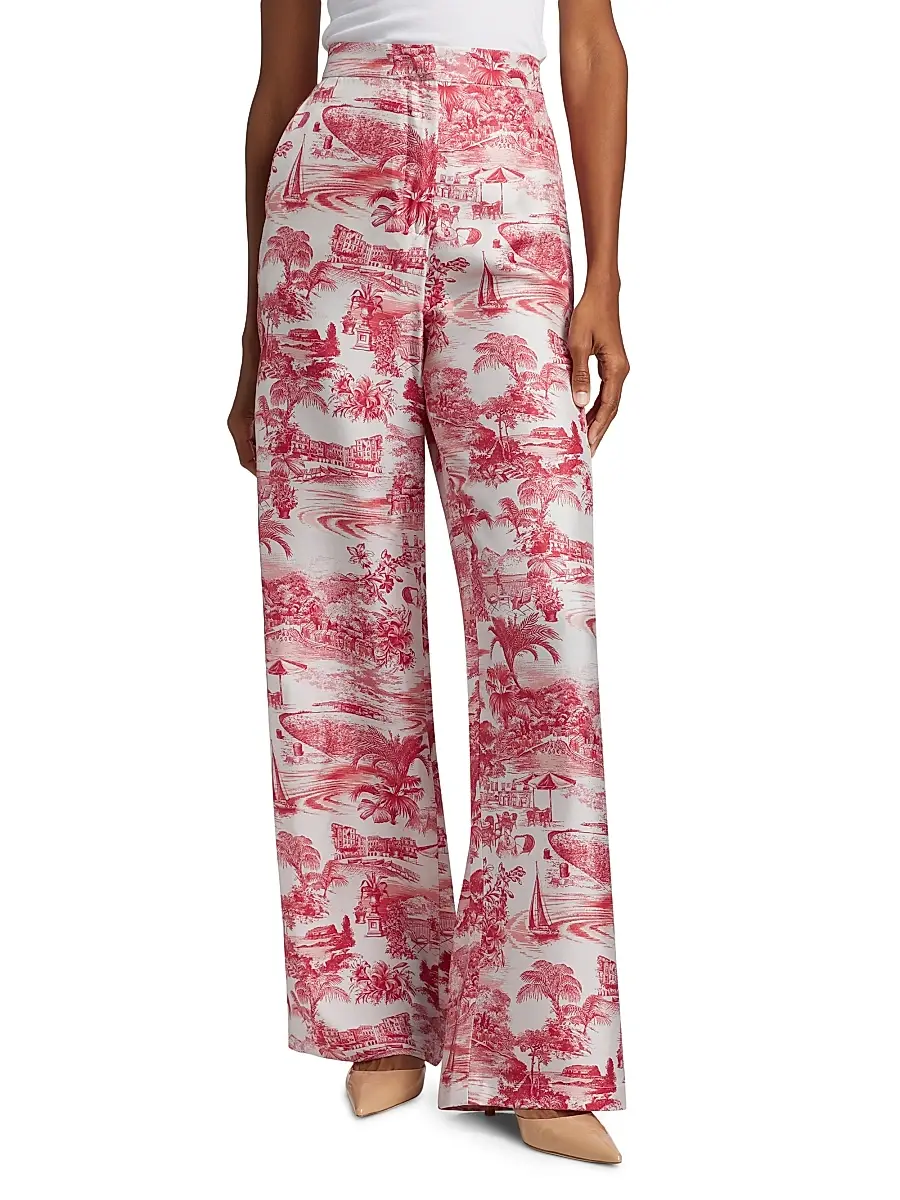 Max Mara Studio Women's Zeus Trompe L'oeil Silk Straight-Leg Pants - Red | Thumbnail 3