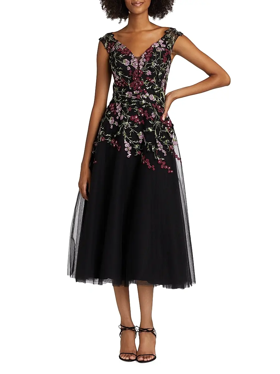Teri Jon by Rickie Freeman Women's Embroidered Tulle Fit &Flare Midi-Dress - Black Multi | Thumbnail 3