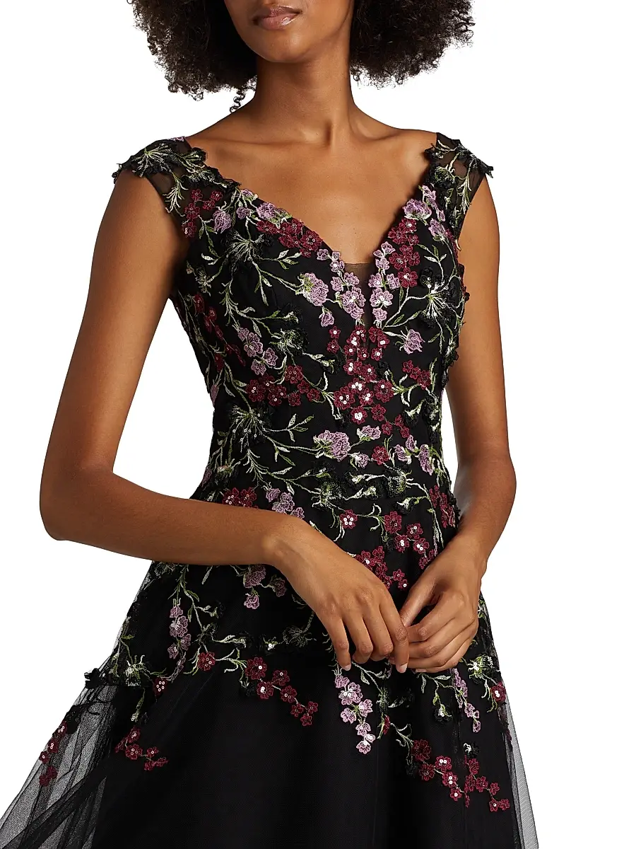 Teri Jon by Rickie Freeman Women's Embroidered Tulle Fit &Flare Midi-Dress - Black Multi | Thumbnail 6