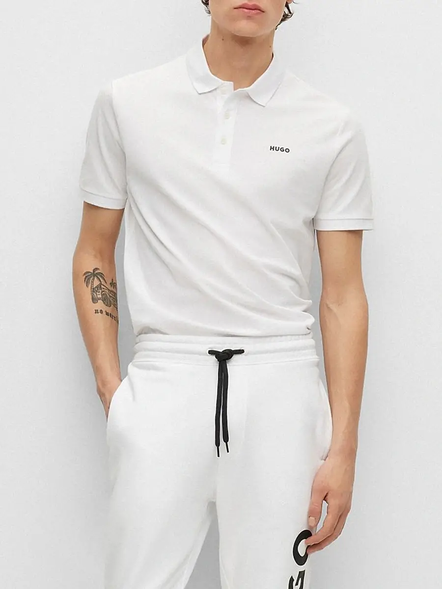 HUGO Men's Cotton-Piqué Polo Shirt with Logo Print - White | Thumbnail 2 HUGO Men's Cotton-Piqué Polo Shirt with Logo Print - White | Thumbnail 2
