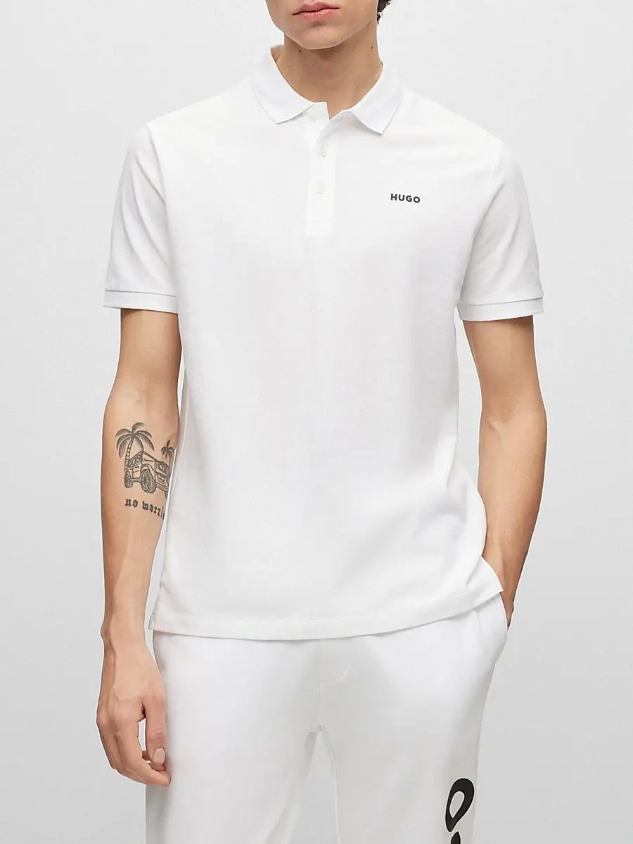 HUGO Men's Cotton-Piqué Polo Shirt with Logo Print - White | Thumbnail 3 HUGO Men's Cotton-Piqué Polo Shirt with Logo Print - White | Thumbnail 3